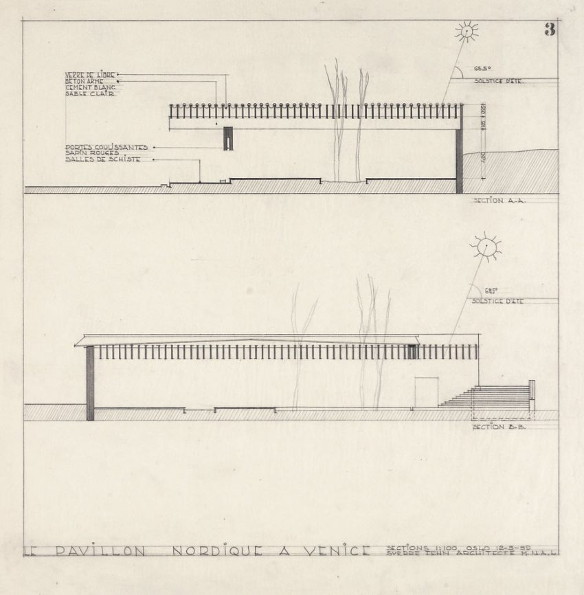 Sections of the Nordic Pavilion in Venice by Sverre fehn