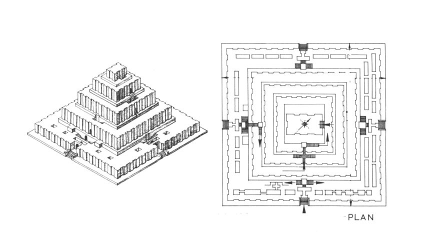 Floor plan and axonometric drawing of Ziggurat at Chogha Zanbil (1300 BC), Iran
