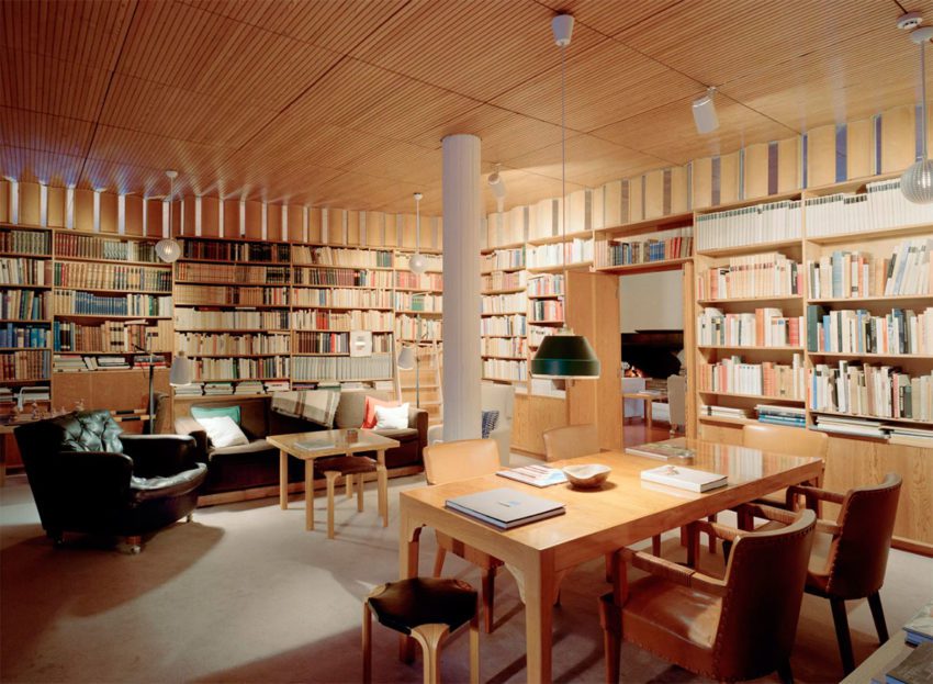 Interior wood library of Villa Mairea by Alvar Aalto
