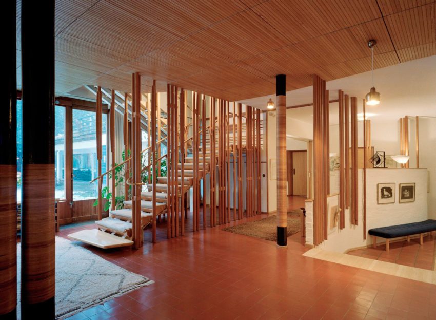 Wood columns inside Villa Mairea by Alvar Aalto