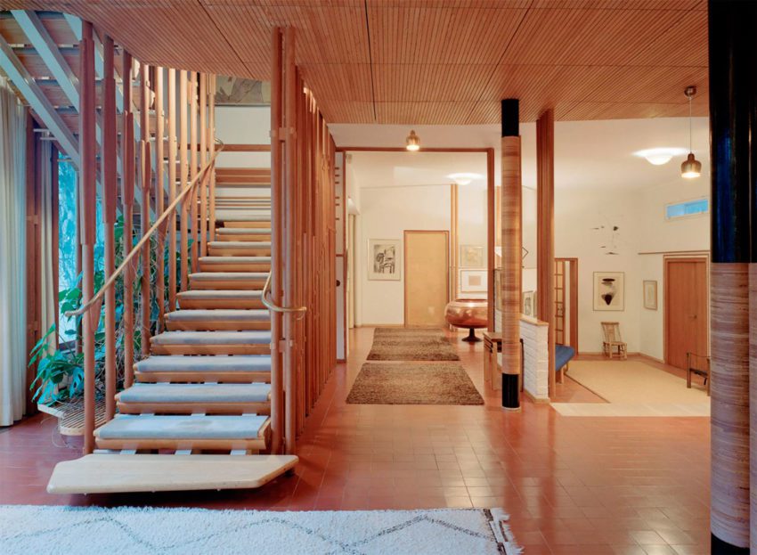 Interior wood stair of Villa Mairea by Alvar Aalto