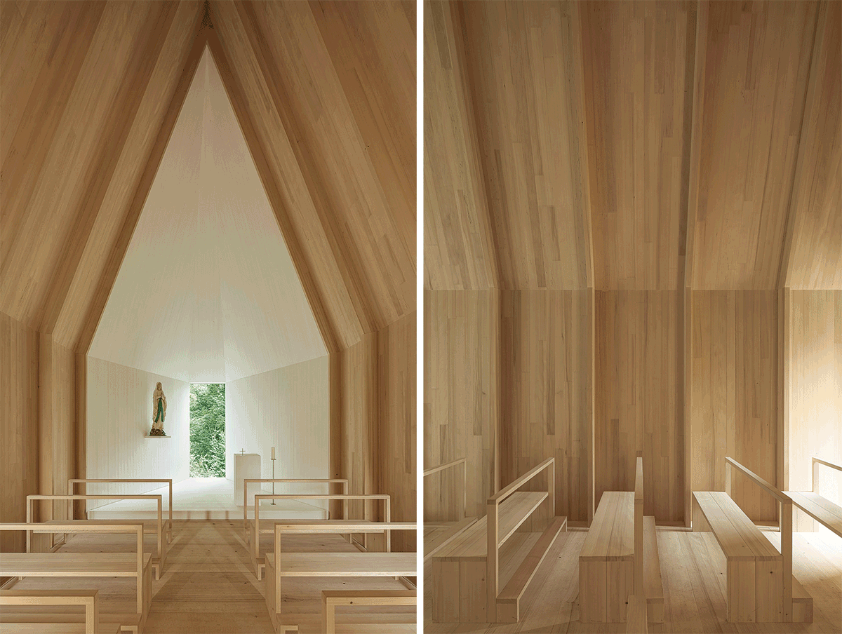 Wood interior of the Salgenreute Chapel by Bernardo Barder Architects