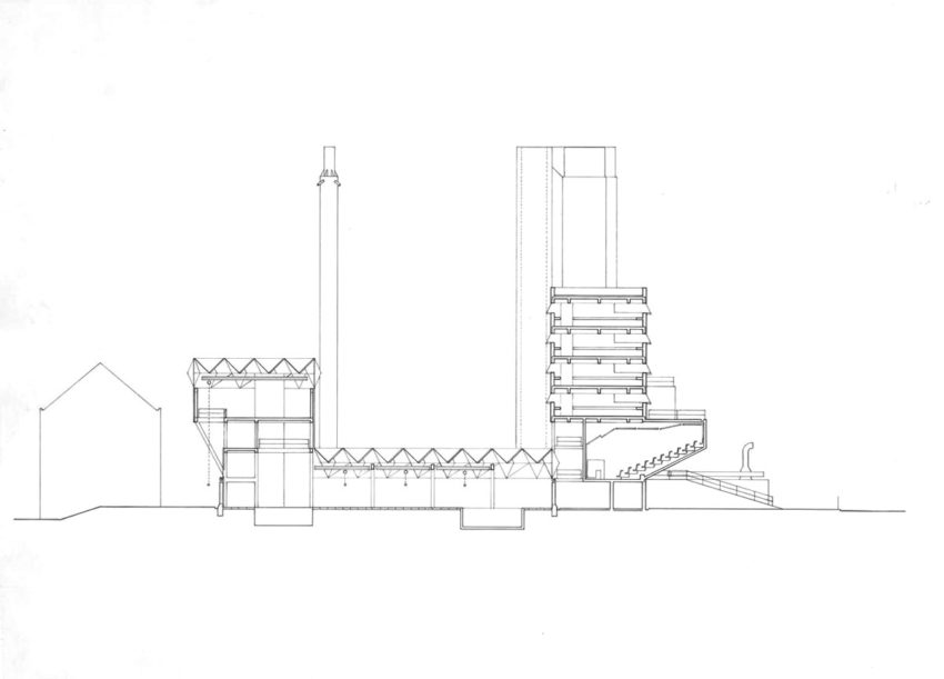 Section Plan of the Engineering Building in Leicester by James Stirling & James Gowan