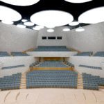 The Concert Hall is designed for a 1000 seat audience. Its walls are in the large scale composed of fractions of sphere surfaces, facing the audience seating area, and providing for the most functional acoustical shaping of the room