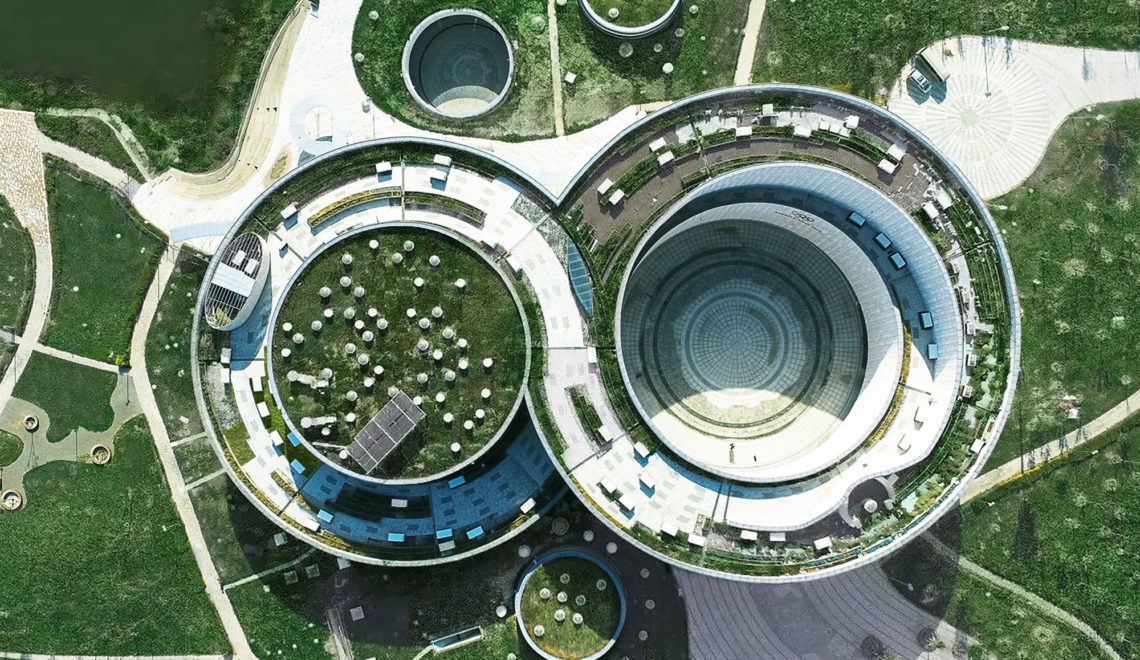 Aerial Top View of 8 shaped building for the Olympic Games Headquarters
