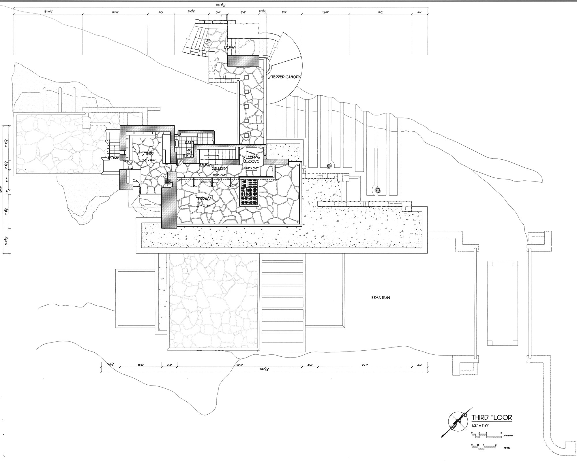 floor plan of falling water by frank lloyd wright