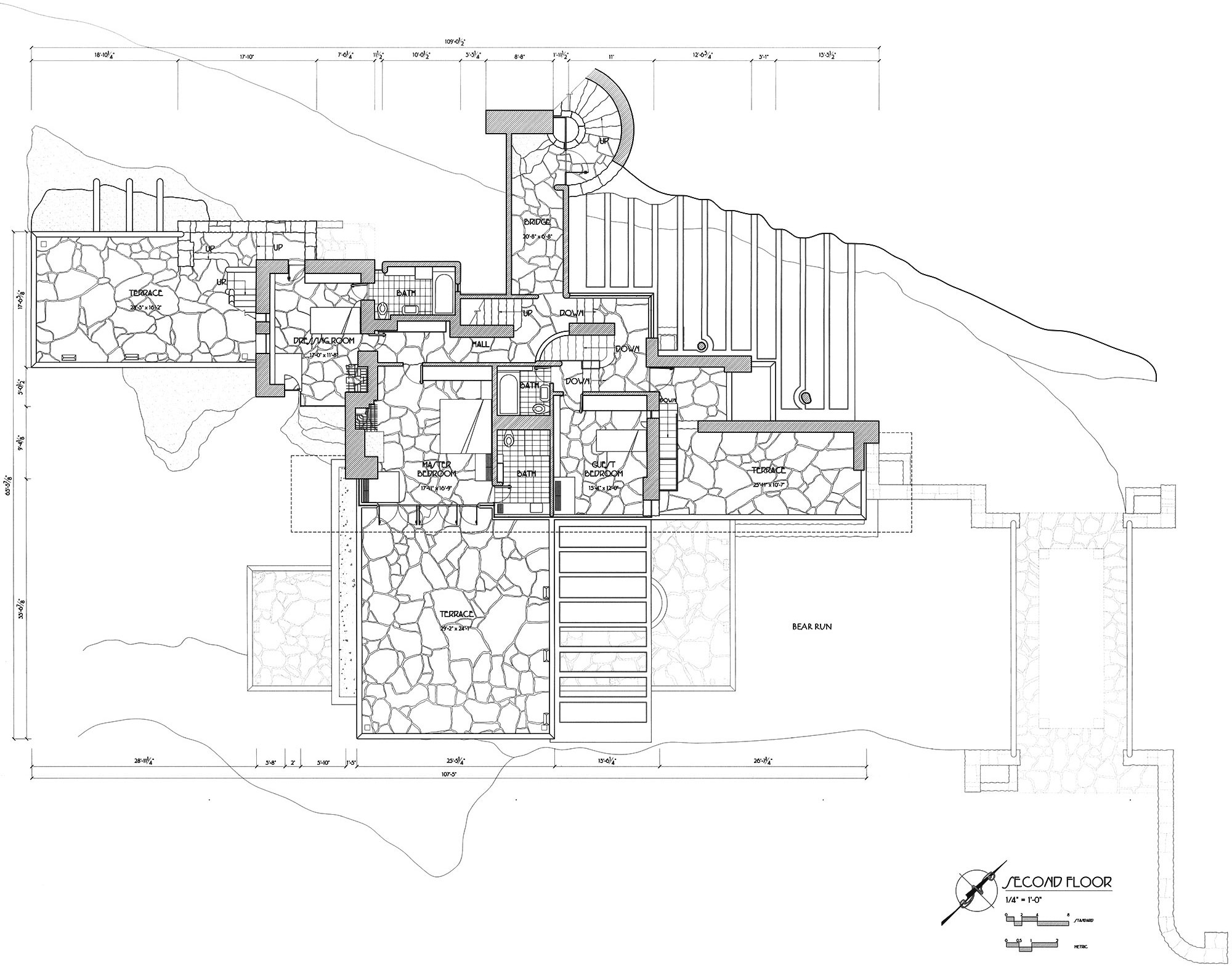 floor plan of falling water by frank lloyd wright