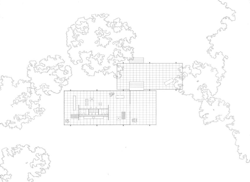 Floor plan of the Farnsworth House by Mies Van Der Rohe