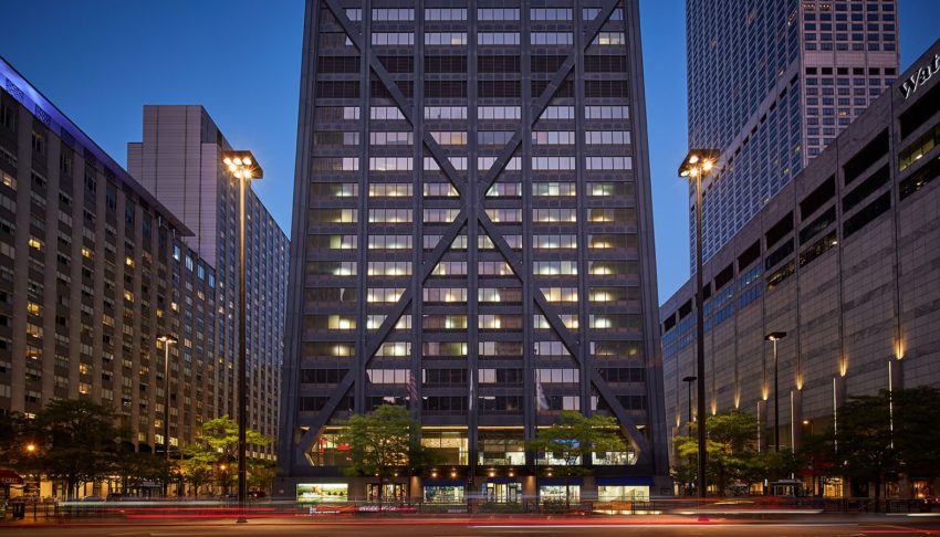 Entrance of the building - John Hancock Center at 875 North Michigan Avenue / Skidmore, Owings, and Merrill