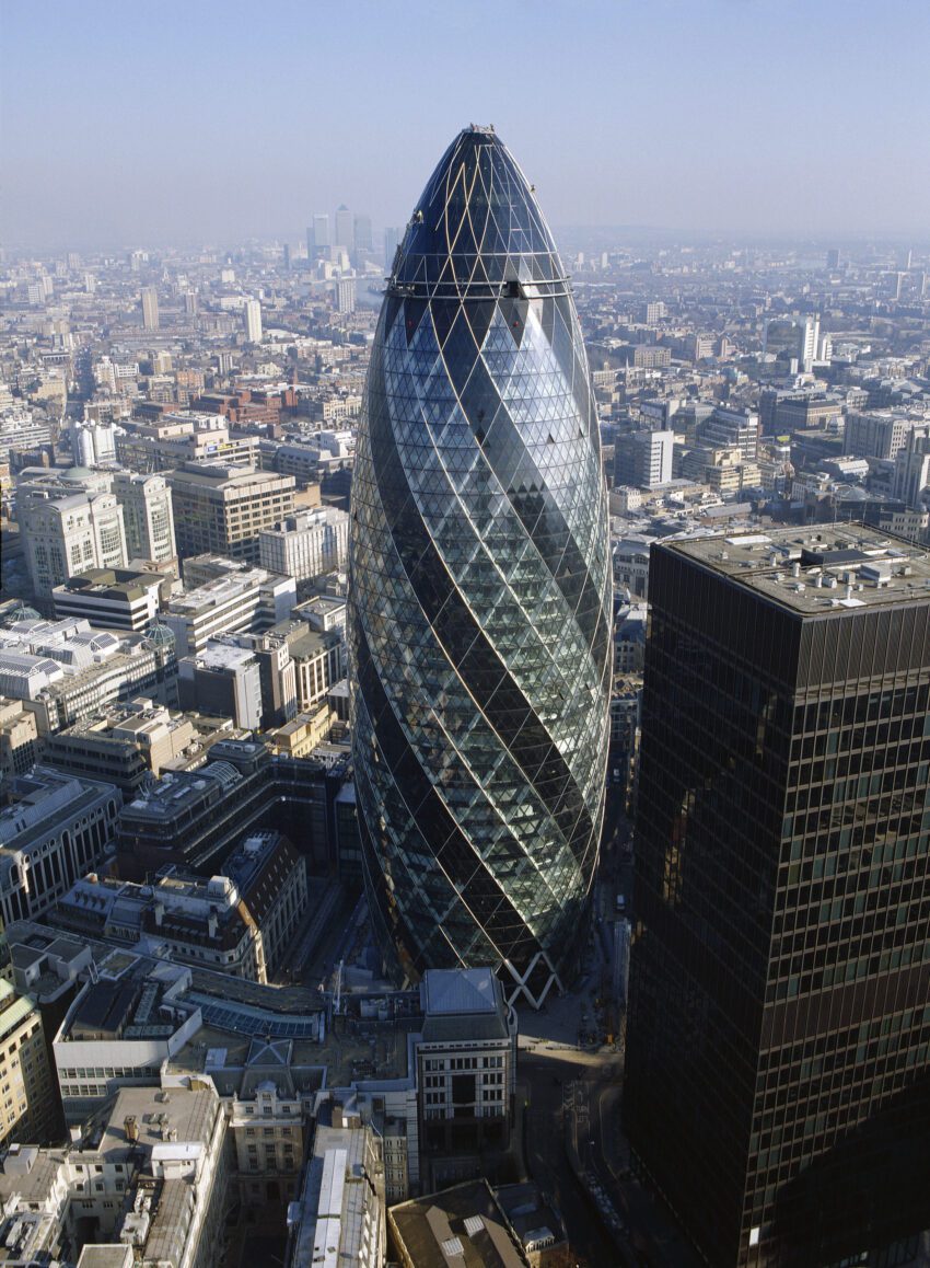 The Gherkin The Swiss Re Headquarters Norman Foster Partners ArchEyes aerial